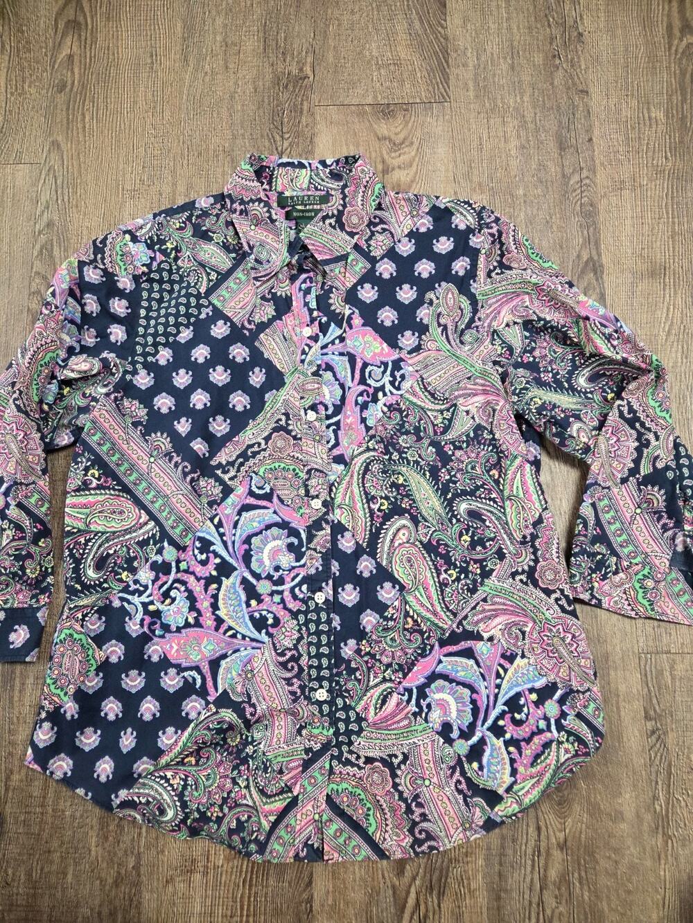 Lauren Ralph Lauren Button Up Shirt Navy Blue Large Long Sleeve No Iron Paisley
